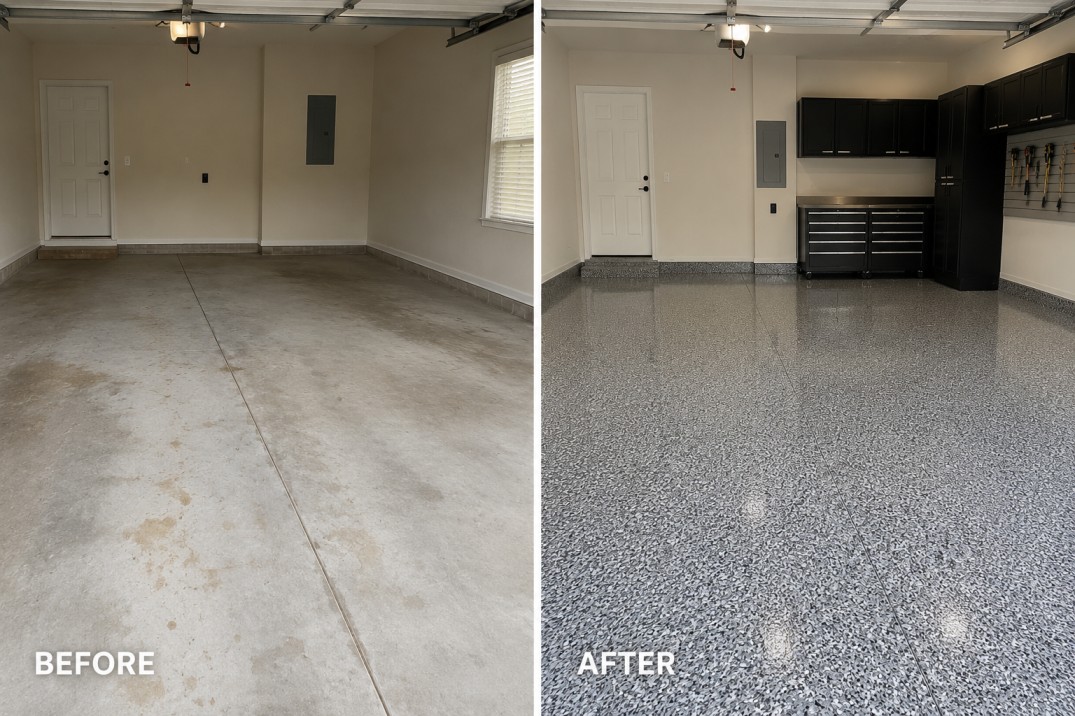 Epoxy garage floor before and after – Chattanooga, TN