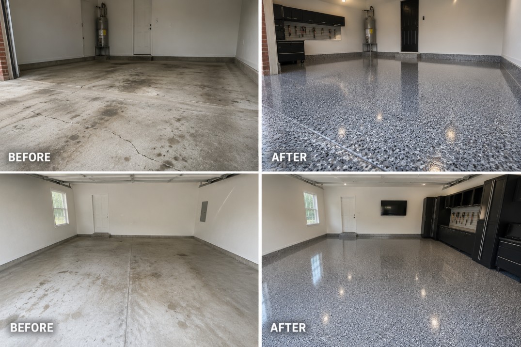 Before and after epoxy floor coating – Chattanooga, TN